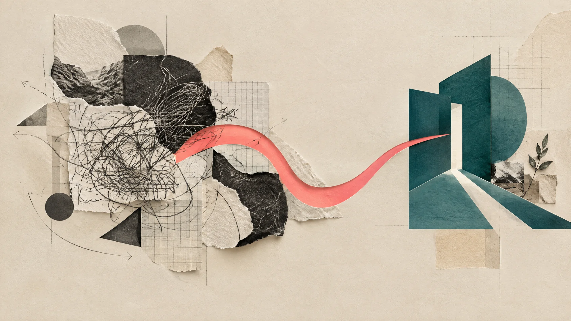 Editorial collage showing complexity resolving into a clear path