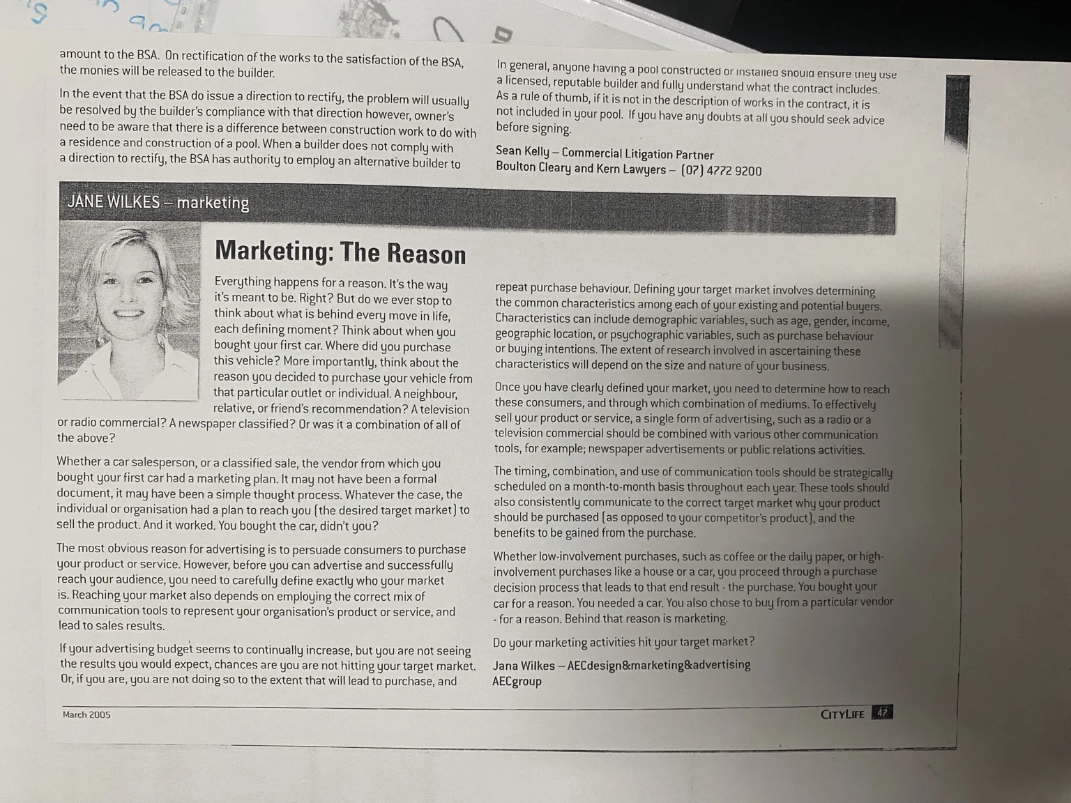 The original March 2005 CityLife page containing Jana Wilkes’ Marketing: The Reason column